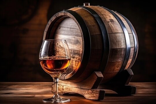A wine glass is placed next to a wooden barrel