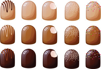 Cute vector illustration of various kinds of german or danish sweets made of eggwhite fluff and covered in chocolate.