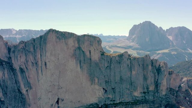 Seceda Aerial drone view flying above a peaceful alpine mountain top trekking area of the dolomite mountain range in val gardena italy 04