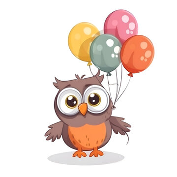 Cute cartoon owl with balloons. Vector illustration isolated on white background.
