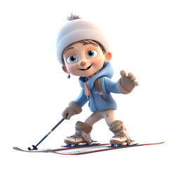 3D illustration of a cartoon character with skis and winter clothes