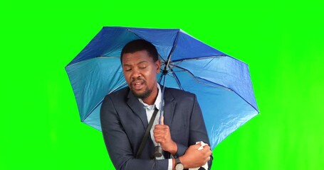 Green screen, business and black man sneeze with umbrella for rain, winter season and bad weather. Health problem, sickness and male person with cold, flu and virus infection on commute in studio
