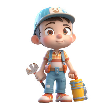 3D Render of a Little Boy with a Construction Tool in his Hand