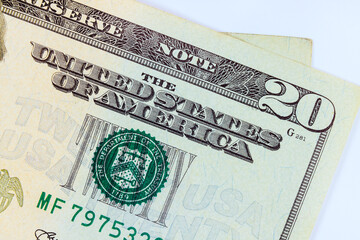 This provides detailed look at front side twenty-dollar bill from United States of America Banknotes.