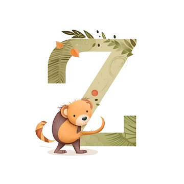 Cute letter Z with cute little lion. Vector illustration on white background.