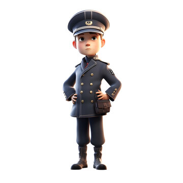 3D illustration of a young police officer with a bag on his shoulder