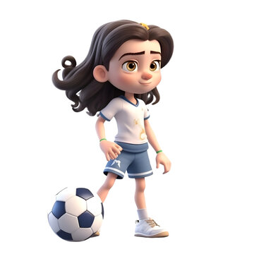 3D digital render of a cute girl with soccer ball isolated on white background