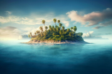 Lone small tropical island with palm trees surrounded sea blue water - obrazy, fototapety, plakaty