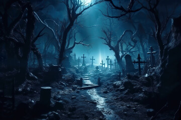 Fototapeta premium Graveyard on Halloween, scary cemetery with blue light at creepy night