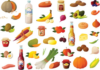 cute vector illustration of various kinds of produce found at a local farmers market.
