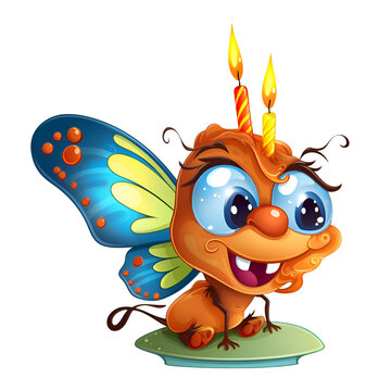 Cute cartoon butterfly sitting on surfboard and holding a birthday candle