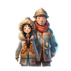Illustration of a young boy and girl in winter clothes on white background