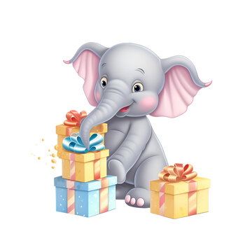 Cute elephant with gift boxes. Cartoon vector illustration isolated on white background.