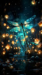 A magical night scene with glowing dragonflies. Generative AI. 