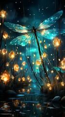 Obraz premium A magical night scene with glowing dragonflies. Generative AI. 