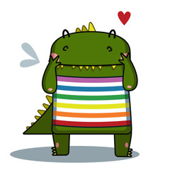 cute green dragon in love and happy