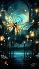 A magical night scene with glowing dragonflies. Generative AI. 