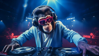 A monkey as a DJ, spinning records at a lively nightclub illustration Generative AI