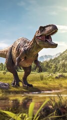 Obraz premium Tyrannosaurus dinosaur 3d render. AI generated art illustration. 