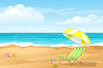 Fototapeta na wymiar beach on a beautiful sunny day with umbrella, starfish and pineapple cocktail
