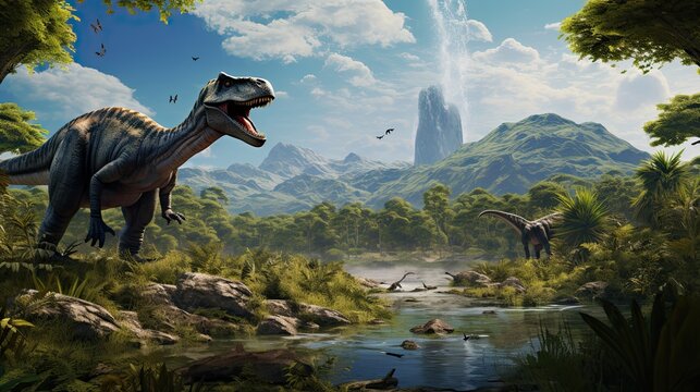 Fototapeta Tyrannosaurus dinosaur 3d render. AI generated art illustration. 