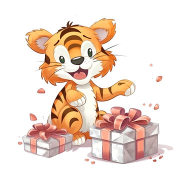 Cute tiger with gift boxes on white background. Vector illustration.