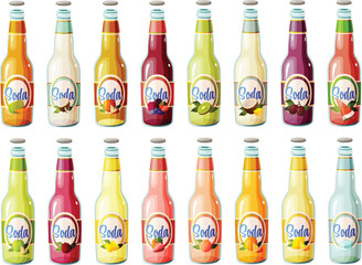 Cute vector illustration of various colorful soda bottles with fruit flavors and labels.