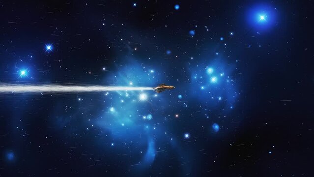A spaceship flies at hyperspeed through space.