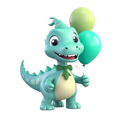 3d rendered illustration of Dinosaur cartoon character with balloons and bow tie