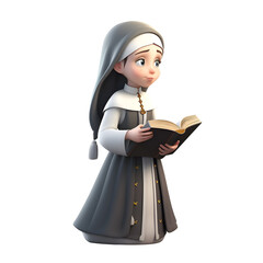 Illustration of a young nun reading a book on a white background