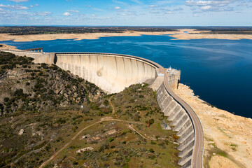 Drone photo of dam in Almendra with view of Tormes River, province of Salamanca, Spain.