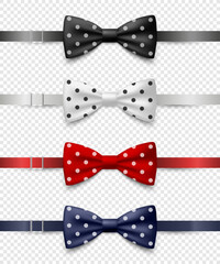 Vector 3d Realistic Polka Dot Blue, Black, Red, White Bow Tie Icon Set Closeup Isolated. Silk Glossy Bowtie, Tie Gentleman. Mockup, Design Template. Bow tie for Man. Mens Fashion, Fathers Day Holiday