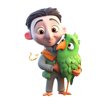 3d illustration of a boy with a parrot on a white background