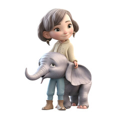 Little girl with elephant on a white background. 3D rendering.