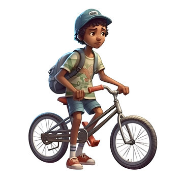 Boy riding a bicycle isolated on a white background. Cartoon character.