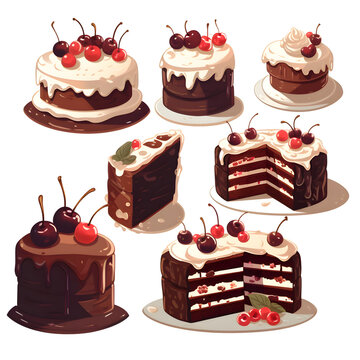 Set of different cakes with cherries and cream. Vector illustration.