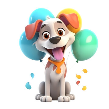3d illustration of a dog cartoon character with balloons and confetti
