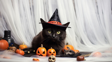 A cute black cat wearing a Halloween hat