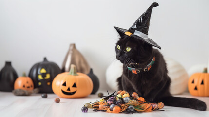 A cute black cat wearing a Halloween hat