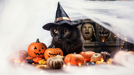 A cute black cat wearing a Halloween hat