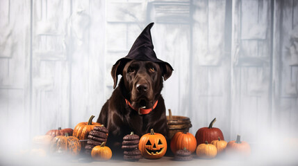 A cute dog wearing a Halloween hat. Sitting next to Halloween decorations.