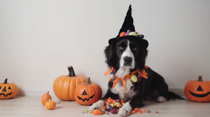 A cute dog wearing a Halloween hat. Sitting next to Halloween decorations.