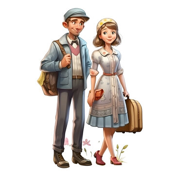 Illustration of a couple of tourists with a suitcase on a white background