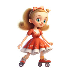 3d rendering of a cute little girl on roller skates.