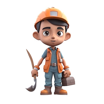 3D Render of an industrial worker with a hatchet and tools