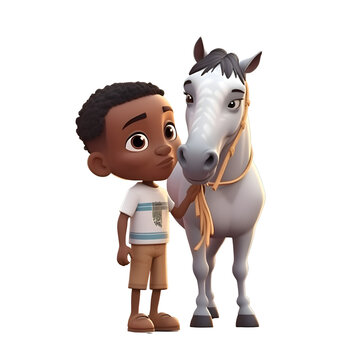 African American boy with a horse on a white background. 3d rendering