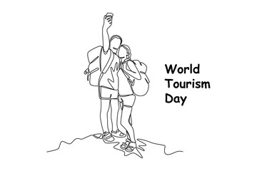 Single one line drawing World tourism day concept. Continuous line draw design graphic vector illustration.