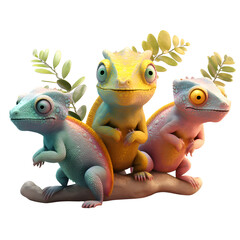 Three chameleons on a white background. 3d render