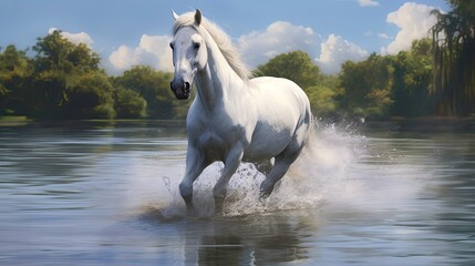 Obraz na płótnie Canvas White horse on the beach. AI generated art illustration.