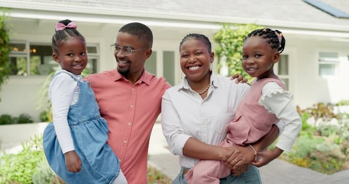 New house, black family and happy parents with children excited for property, home and mortgage. Real estate, backyard and portrait of mom, dad and kids in neighborhood for bonding, relax and love